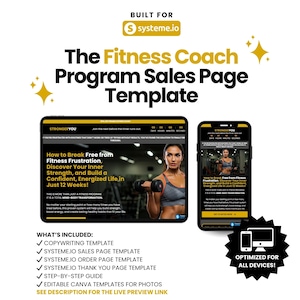 Może przedstawiać: Szablon cyfrowej strony sprzedażowej dla programu fitness. Szablon zawiera zegar odliczający, nagłówek z tekstem „Jak uwolnić się od frustracji związanej z fitness, odkryć swoją wewnętrzną siłę i zbudować pewne siebie, pełne energii życie w zaledwie 12 tygodni!” oraz zdjęcie kobiety podnoszącej ciężary. Szablon jest zoptymalizowany dla wszystkich urządzeń.