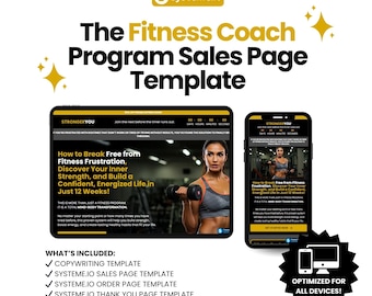 May include: A digital sales page template for a fitness program. The template features a countdown timer, a headline that reads "How to Break Free from Fitness Frustration, Discover Your Inner Strength, and Build a Confident, Energized Life in Just 12 Weeks!" and a photo of a woman lifting weights. The template is optimized for all devices.