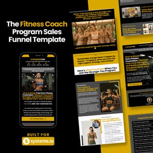 Puede incluir: Una plantilla de embudo de marketing digital amarillo y negro para un programa de fitness llamado "Stronger You". La plantilla incluye una pantalla de teléfono con el texto "¡Cómo liberarse de la frustración del fitness, descubrir su fuerza interior y construir una vida segura y llena de energía en solo 12 semanas!" y el texto "Únase al siguiente antes de que el temporizador se agote" con un temporizador de cuenta regresiva. La plantilla también incluye un cuadro de texto con el texto "Esto es lo que obtendrá cuando se una al programa Stronger You" y un cuadro de texto con el texto "Su guía para la fuerza, la energía y la confianza duradera". La plantilla también incluye un cuadro de texto con el texto "De luchar a fortalecer vidas". La plantilla también incluye un cuadro de texto con el texto "Preguntas frecuentes".