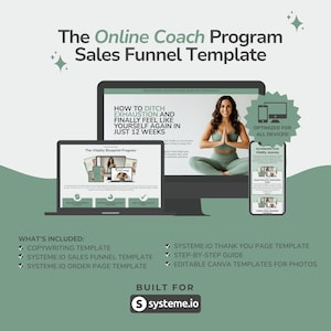 Op de afbeelding: Een promotionele afbeelding voor een online coachingprogramma, met een laptop, desktopcomputer en smartphone. De apparaten tonen programma-inhoud. Tekst omvat "The Online Coach Program Sales Funnel Template" en "How to Ditch Exhaustion and Finally Feel Like Yourself Again in Just 12 Weeks."