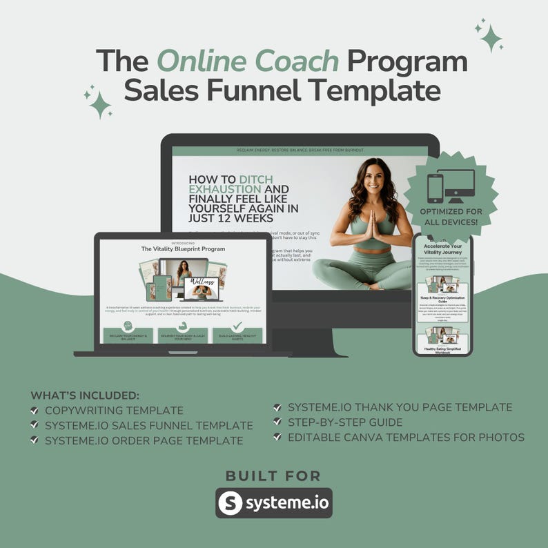 May include: A digital marketing graphic promoting an online coaching program. The image features a laptop, desktop computer, and smartphone displaying program content. Text includes "The Online Coach Program Sales Funnel Template" and "How to Ditch Exhaustion and Finally Feel Like Yourself Again in Just 12 Weeks."