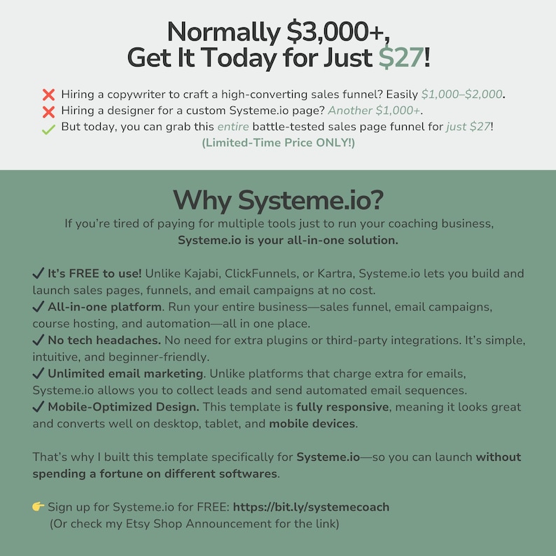 May include: A green and white graphic with text promoting Systeme.io, an all-in-one solution for coaching businesses. The text highlights features like free usage, an all-in-one platform, and mobile-optimized design.