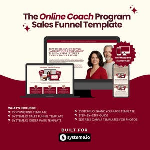 May include: A digital marketing template for online coaches, featuring a sales funnel design. The image includes a laptop, tablet, and phone displaying the template, with the text "The Online Coach Program Sales Funnel Template". It also includes the text "Optimized for all devices!"