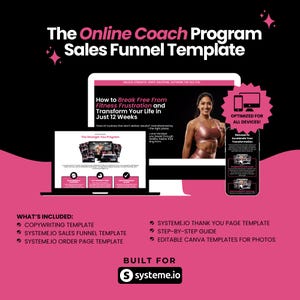 Puede incluir: Imagen promocional para una plantilla de embudo de ventas de programas de coaching en línea. La imagen presenta una computadora portátil, un teléfono y una pantalla de computadora que muestra el contenido del programa. El texto incluye "Cómo liberarse de la frustración del fitness".