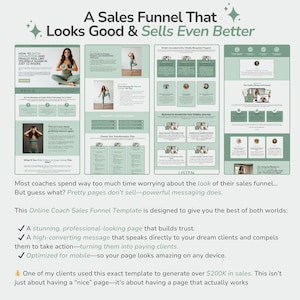 May include: A digital marketing template with a light green and white design. The text reads "A Sales Funnel That Looks Good & Sells Even Better." The template includes images and text about online coaching and sales.