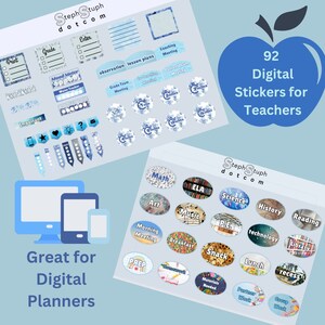 May include: A set of 92 digital stickers for teachers, featuring blue and white designs with various themes, including classroom management, lesson planning, and subject-specific stickers. The stickers are designed for use in digital planners.