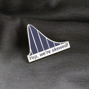 May include: A silver pin with a blue skewed bell curve graphic and the text "Yep, we're skewed!"