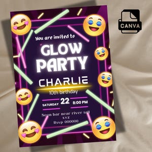 Invitación editable para fiesta luminosa: luces de neón, plantilla de Canva (descarga digital)