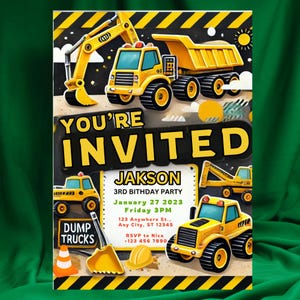 Bearbeitbar Kinder Geburtstagseinladung | Digital Dump Truck Party einladen | Bagger Theme | Mobile & Druckbare Vorlage CANVA