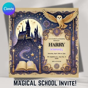 Carte d'invitation sur le thème de l'école, sorcier magique, invitation à une fête fantastique pour enfants ou adultes, numérique personnalisable pour les anniversaires
