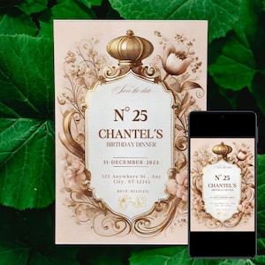 Editable Designer Invitation Template, Luxury High End Perfume No 5 Invite for Sweet 16 Birthday, Digital Design Save the Date, CHANTAL 025