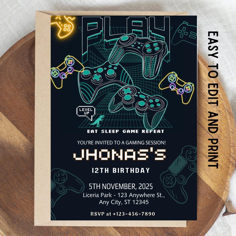 Neon Video Game Birthday Invitation Template (canva) - Etsy