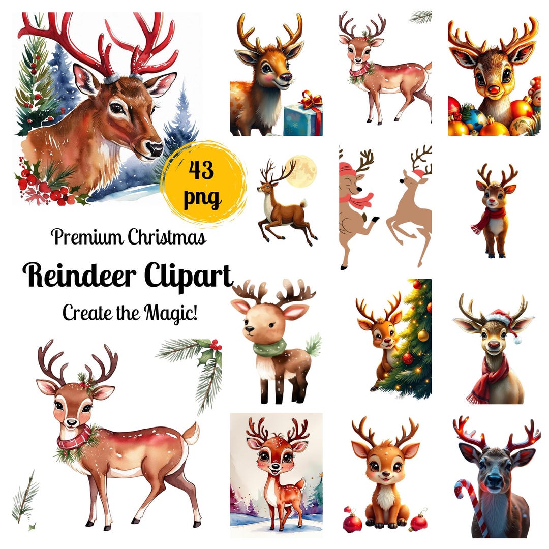 43 Cute Reindeer PNG Clipart Bundle Watercolor Santa Deer Graphics for ...