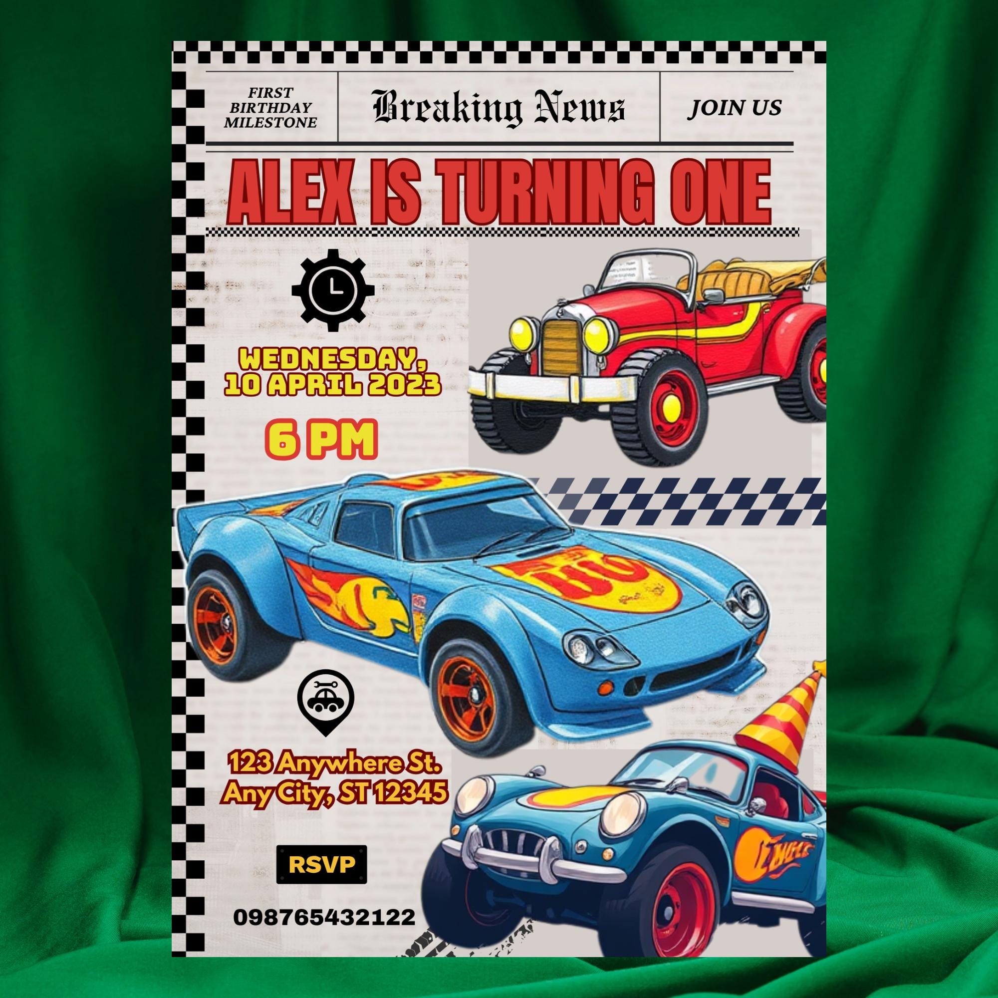 Hot Wheels Birthday Invitation: Racing Car Newspaper Style