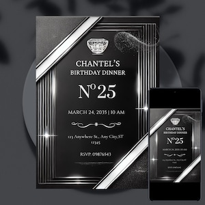 Elegant Black & Silver Birthday Invitation: Perfume No. 25 Theme (Digital Editable Invite)