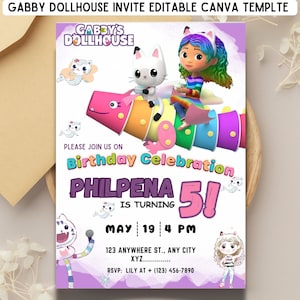 Zaproszenie na urodziny Gabby&#39;s Dollhouse: Edytowalne zaproszenie na przyjęcie (cyfrowe)