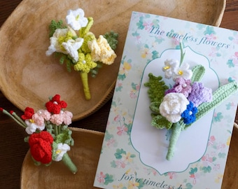 Crochet flower bunch brooch Wish Card: Handmade Accessory with mixed bouquet designs