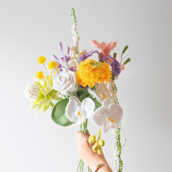 Crochet Botanical bride Bouquet, Faux Orchid & Greenery Arrangement, Unique Bride Flower