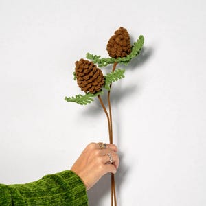 May include: Two brown crocheted pine cones with green crocheted leaves on brown stems.