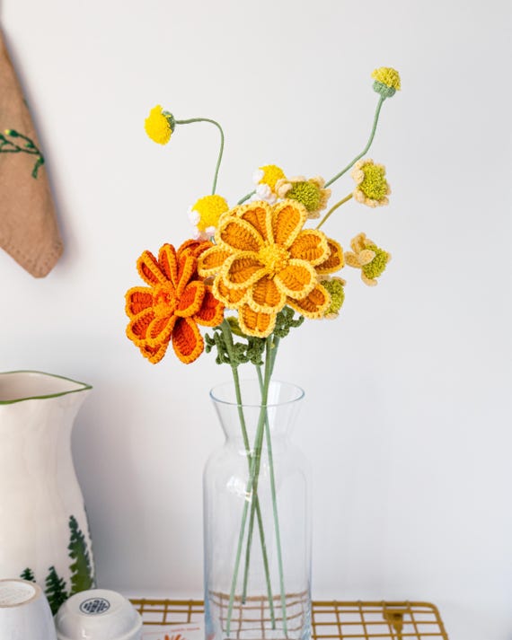 Handmade Crochet Marigold Flower: Boho Bouquet Stem