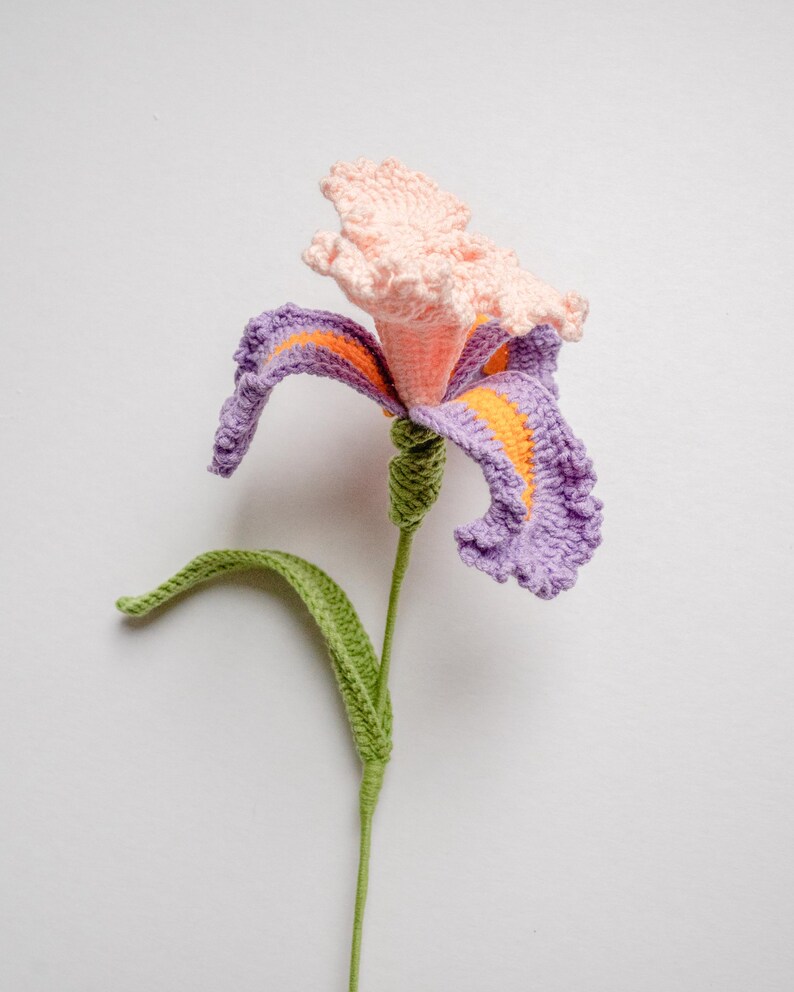 May include: A handmade crochet iris flower with purple petals edged in orange, a light pink center, and a green stem and leaf. The flower is crafted with textured yarn, showcasing a detailed and artistic design. The flower is a decorative item.