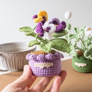 Handmade Crochet Pansy Flower Pot – Floral Desk Decor, Remembrance Gift