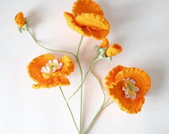 Handmade California Poppy Crochet Flowers-Build Your Bouquet-Realistic Floral Home Decor-Gift Ideas for Birthday/Anniversary/Mother's Day