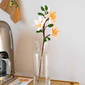 May include: A bouquet of crocheted flowers in shades of pink and yellow, with green leaves, arranged in a clear glass vase.