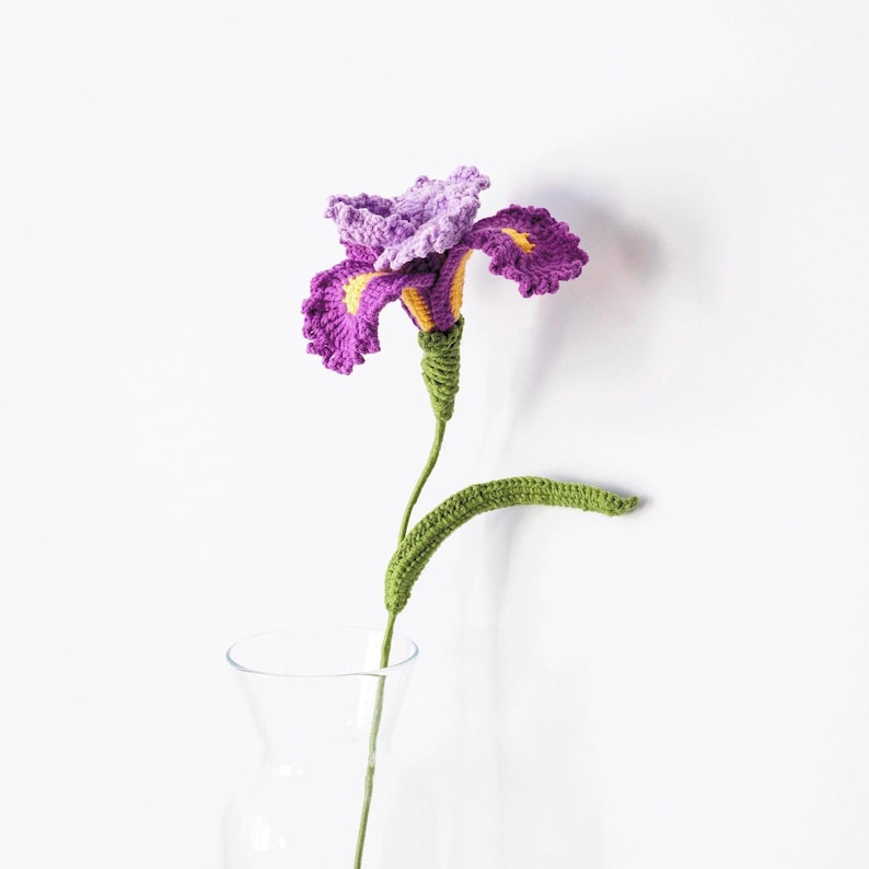 May include: A handmade crochet iris flower in shades of purple, yellow, and green. The flower has detailed petals and is displayed in a clear glass vase. The stem and leaves are green, and the flower is set against a white background.