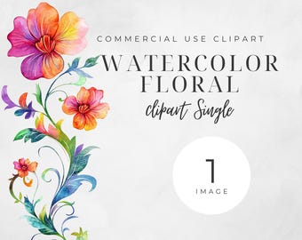 Könnte beinhalten: Aquarell-Blumen-Clipart mit einem einzelnen Stiel mit bunten Blüten und Blättern. Die Blüten sind rosa, orange und gelb mit einem Aquarell-Effekt. Die Blätter sind blau und grün mit einem Aquarell-Effekt. Der Hintergrund ist hellgrau.