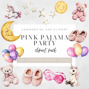 Pink Pajama Party Clipart, Sleepover PNG, Cute Slumber Party Illustrations, Watercolor Unicorn and Moon, Girls Night Clipart, Transparent