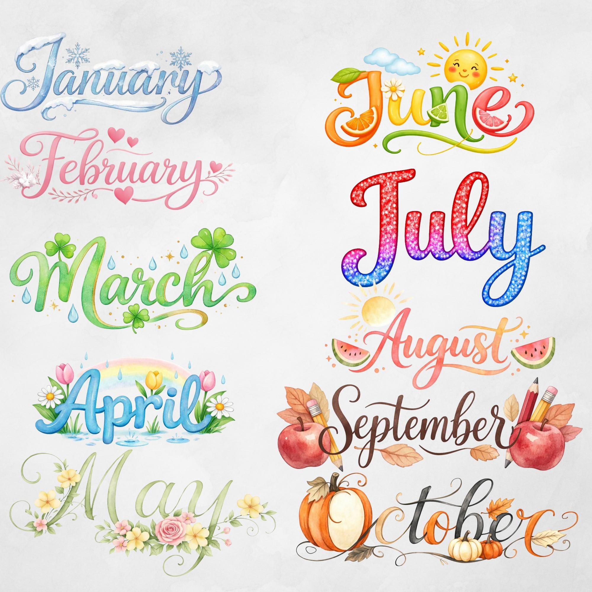 Months of the Year Clip Art, Decorative Months Png, Instant Download ...