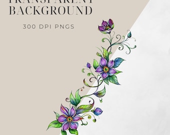 Watercolor Purple Floral Clipart PNG, Hand Painted Greenery Flower Border, Transparent Background Digital Design File