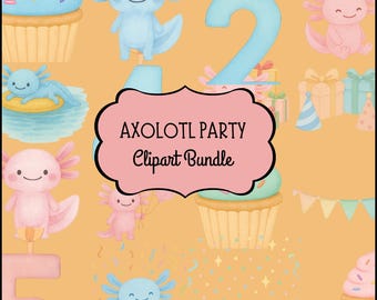 axolotl clipart pack, kid’s birthday pngs, pink and blue party graphics, fun animal illustrations, digital download