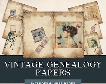 May include: Vintage genealogy papers with six inner pages. The papers are decorated with old photos, lace, and butterflies. The papers are perfect for scrapbooking, journaling, or creating family history projects.