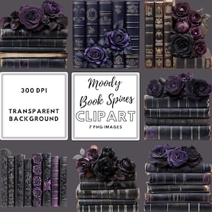 May include: Seven digital images of stacks of vintage books with dark purple flowers. The text "Moody Book Spines Clipart 7 PNG Images" is on a white background.