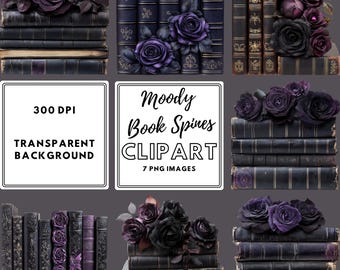 Pacote de Cliparts de Lombadas de Livros Moody | PNGs de Pilhas de Livros Florais Góticos | Gráficos Transparentes de Academia Negra para Adesivos e Diários
