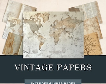 May include: A set of six vintage papers featuring a world map, a tree, and various textural patterns. The papers are beige and brown with a distressed look. The text "Vintage Papers" and "Includes 6 Inner Pages" is displayed below the papers.