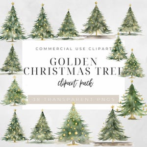Könnte beinhalten: Ein Set mit 38 Aquarell-Clipart-Bildern von goldenen Weihnachtsbäumen. Die Bäume sind grün mit goldenen Akzenten und perfekt, um Ihren Designs einen Hauch von festlicher Stimmung zu verleihen.