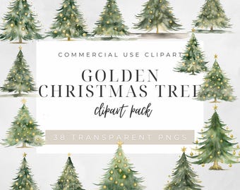 Watercolor Christmas Trees decorated in gold Clipart Pack- 300 DPI - PNG - Transparent Background