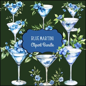 May include: A digital clipart bundle featuring watercolor illustrations of blue martinis. Each martini glass is adorned with blue flowers and green leaves. The image includes a blue label with the text "BLUE MARTINI Clipart Bundle".