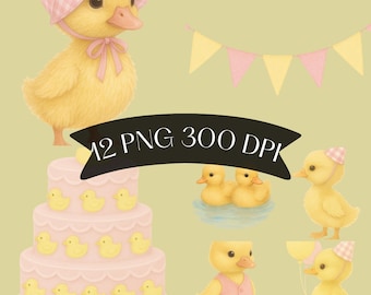 Cute Duck With Balloons Clipart Bundle PNG | Baby Shower Yellow Duckling Illustrations | Pastel Animal Party Graphics 300 DPI Instant Downlo