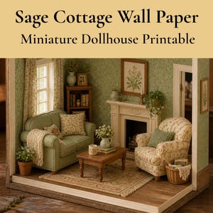 May include: A miniature dollhouse living room featuring sage green patterned wallpaper, a green sofa with floral pillows, a matching armchair, a wooden coffee table, a fireplace, and a woven basket, labeled Sage Cottage Wall Paper Miniature Dollhouse Printable.