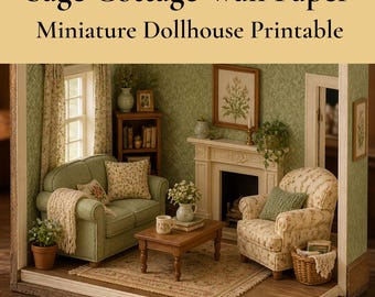 Mini Dollhouse Wallpaper, Sage Green Cottage Decor, Rustic Vintage Download, French Style Pattern
