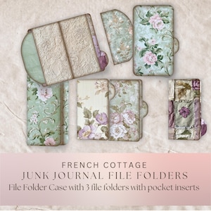 May include: A collection of French Cottage junk journal file folders. The file folders feature floral patterns in shades of pink, green, and cream. The set includes a file folder case and three file folders with pocket inserts.