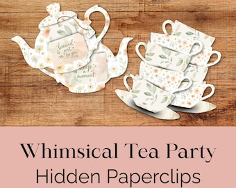Diario creativo con temática de fiesta del té, adornos de clips, tetera y tazas (descarga instantánea)