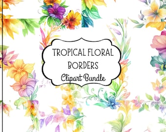 Tropiska blommor akvarell ramar Clipart-paket, ljusa exotiska blommor PNG, bröllopsinbjudningsclipart, 17 transparent bakgrund 300 DPI