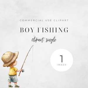 Watercolor kids fishing, gone fishing clipart single image. 300 DPI, PNG, transparent background
