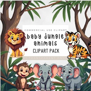 Könnte beinhalten: Ein Clipart-Paket mit 11 Baby-Dschungeltieren. Die Tiere sind im Cartoon-Stil illustriert und umfassen einen Löwen, einen Tiger, einen Affen und einen Elefanten. Der Clipart ist für kommerzielle Zwecke bestimmt und liegt im transparenten PNG-Format vor.