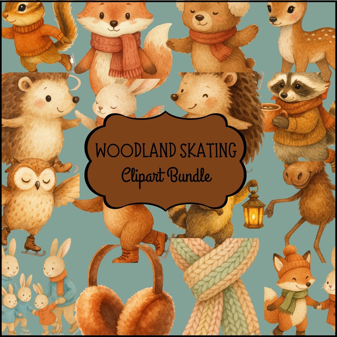 Watercolor Woodland Ice Rink Clipart, Skating Animals Art Pack ...